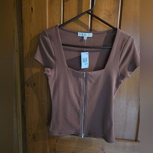 Brown Fitted Short Sleeve Blouse with Zipper